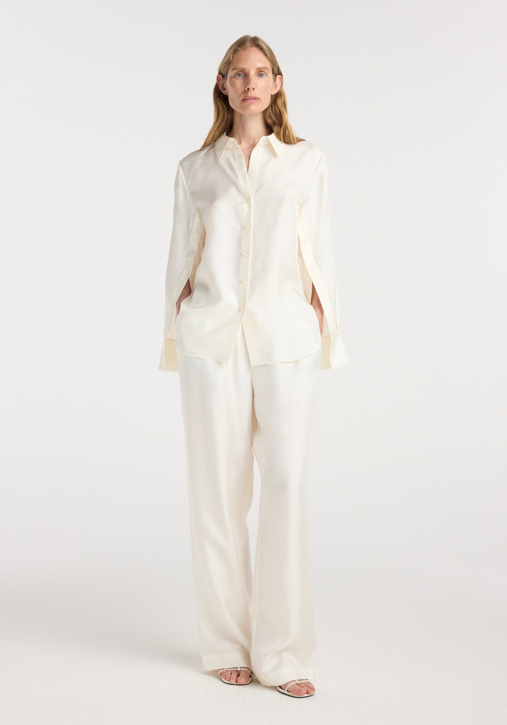 Silk open-sleeve detailed shirt | cream