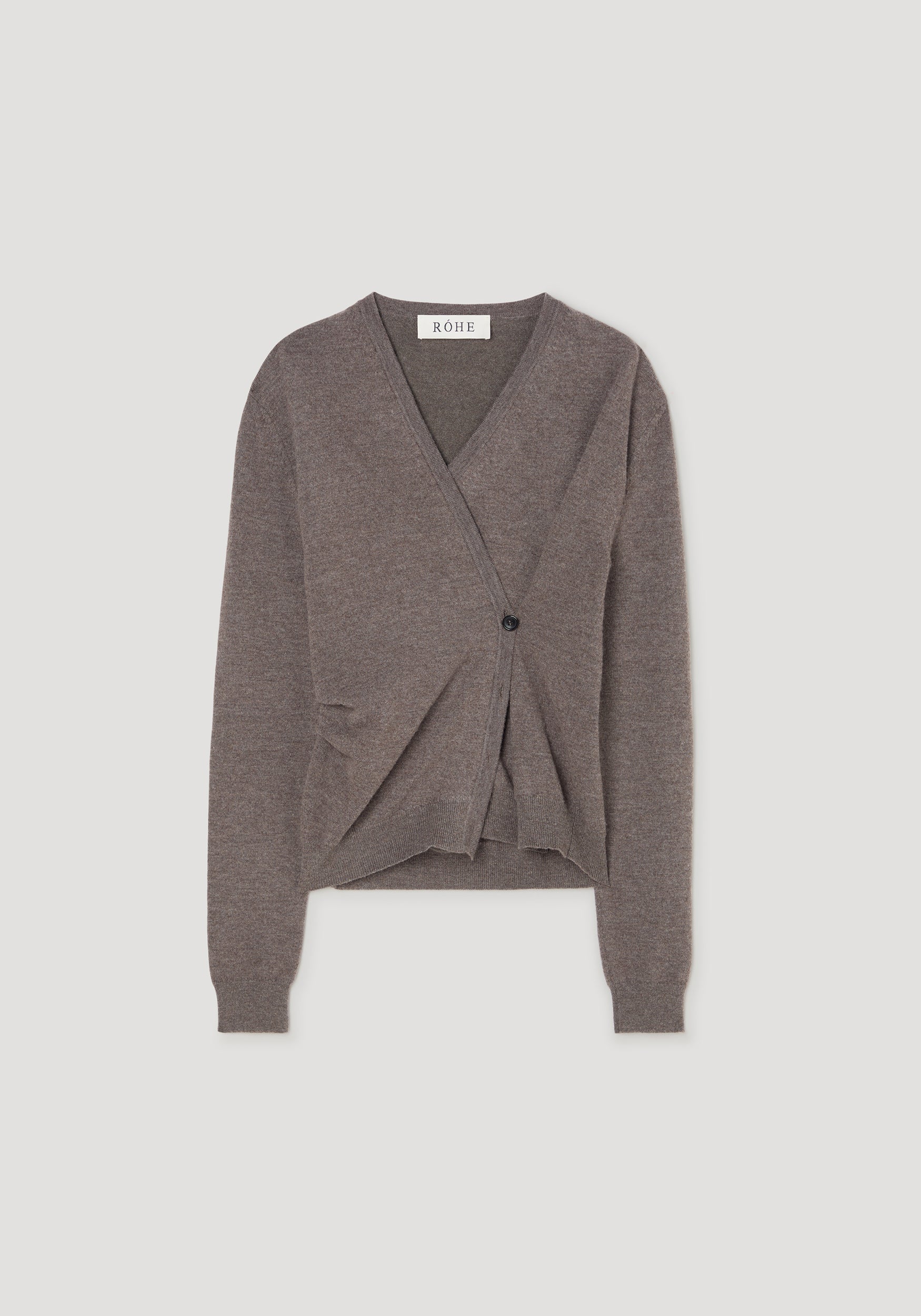 Twisted ballet cardigan | mud in a soft brown shade with a unique twisted front design, long sleeves, and a single button closure, perfect for stylish layering.