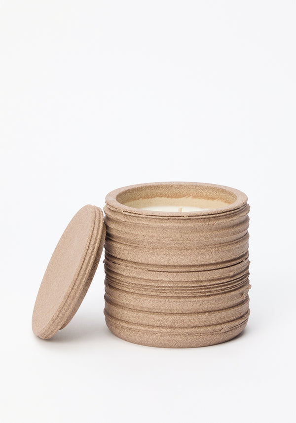 Diplomatico Scented Candle | clay in a handmade sand-textured ceramic vessel with lid, revealing white wax and wick, designed for a lasting aromatic experience.