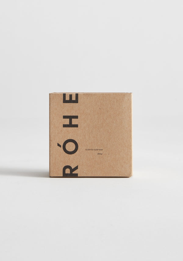 Diplomatico Soap | mist: Minimalist kraft box with RÓHE branding, containing a 280g scented soap bar with woody fragrance, eco-certified coconut oil, and square shape.