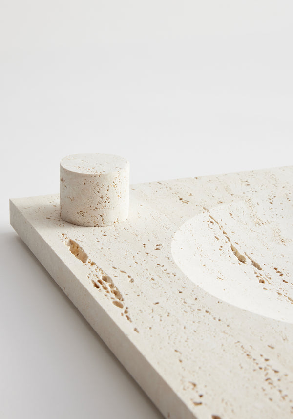 Large tray | travertine, featuring a square shape with a round indent, includes a decorative cylinder holder for 5mm candles, handcrafted from Italian travertine.