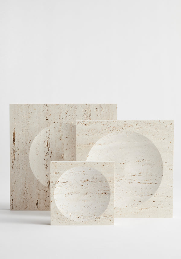 Large tray | travertine, featuring three handcrafted travertine slabs with circular indents, showcasing minimalist design. Includes a decorative cylinder fitting a 5mm candle.