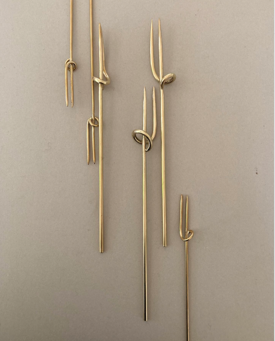 Vine Fork: Handcrafted in Kyoto by Misae Nikkei, slender metal picks with two tines and decorative loops, ideal for appetizers and hors d'oeuvres.