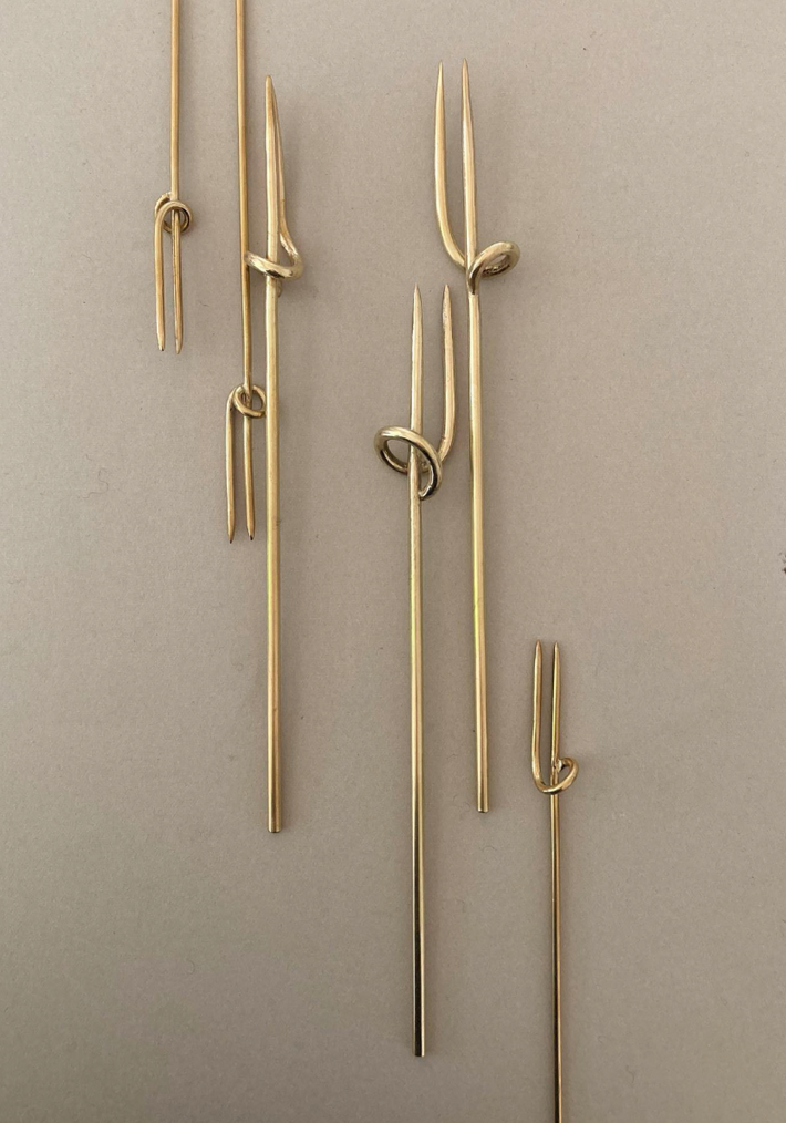 Vine Fork: Handcrafted in Kyoto by Misae Nikkei, slender metal picks with two tines and decorative loops, ideal for appetizers and hors d'oeuvres.