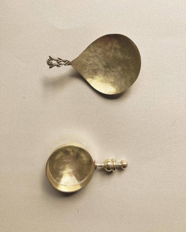 Tea Spoon set featuring a round ladle and flat paddle design, meticulously handcrafted by Misae Nikkei, showcasing unique, artistic craftsmanship inspired by daily rituals.