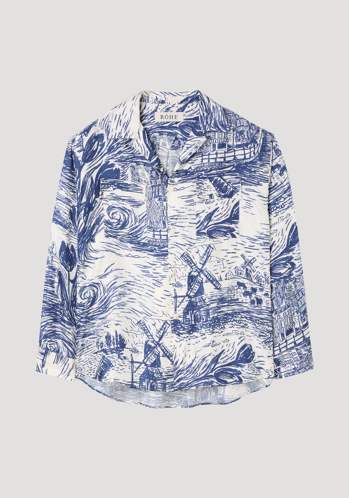 Oversized camp collar long sleeve silk shirt | creme / blue Holland print