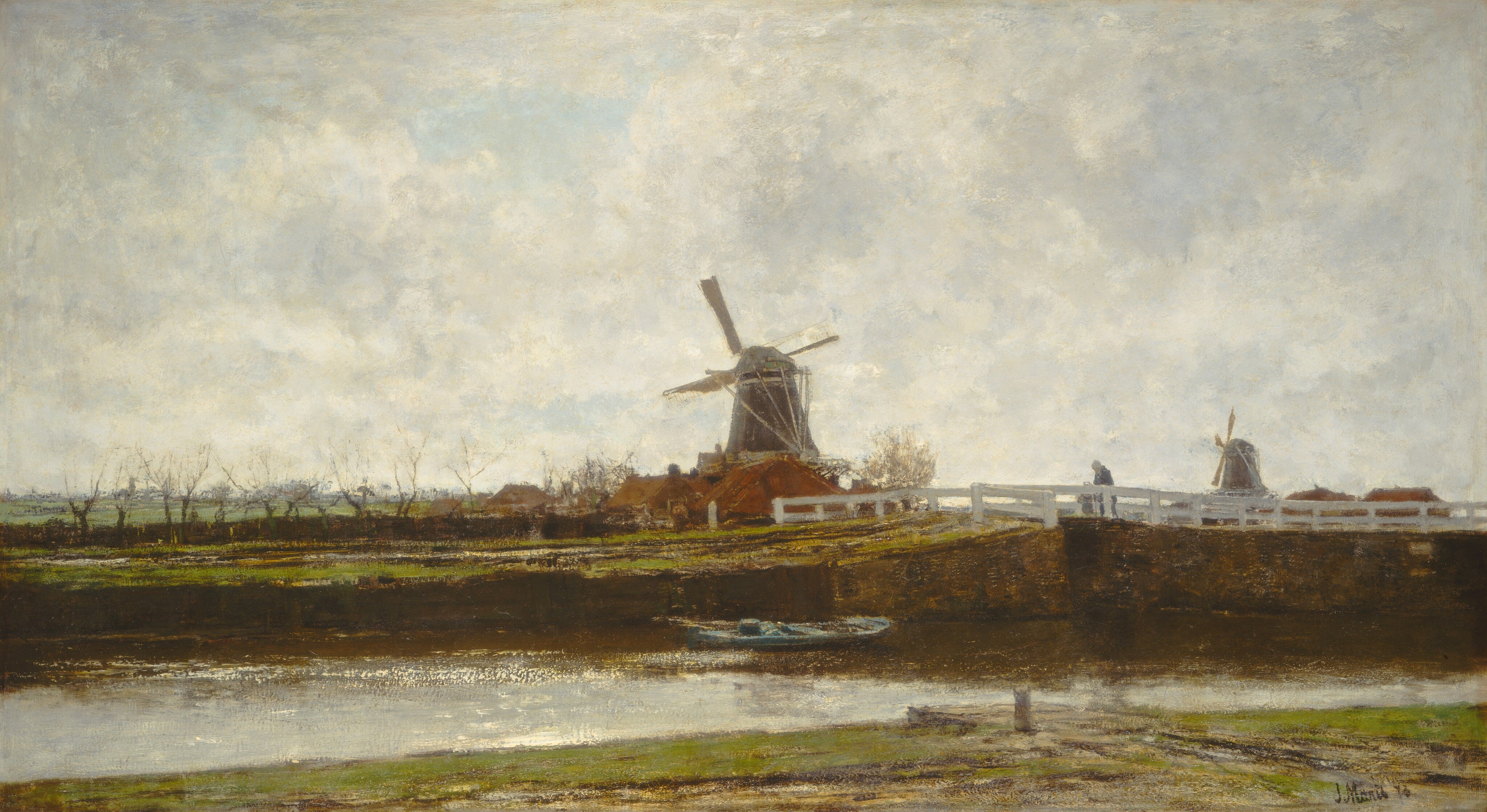 An impressionist landscape painting depicting traditional Dutch windmills beside a canal, rendered in muted earthy tones of brown, beige, and gray.